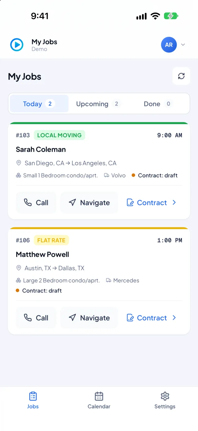 Virtual Estimate Foreman — Today's jobs screen