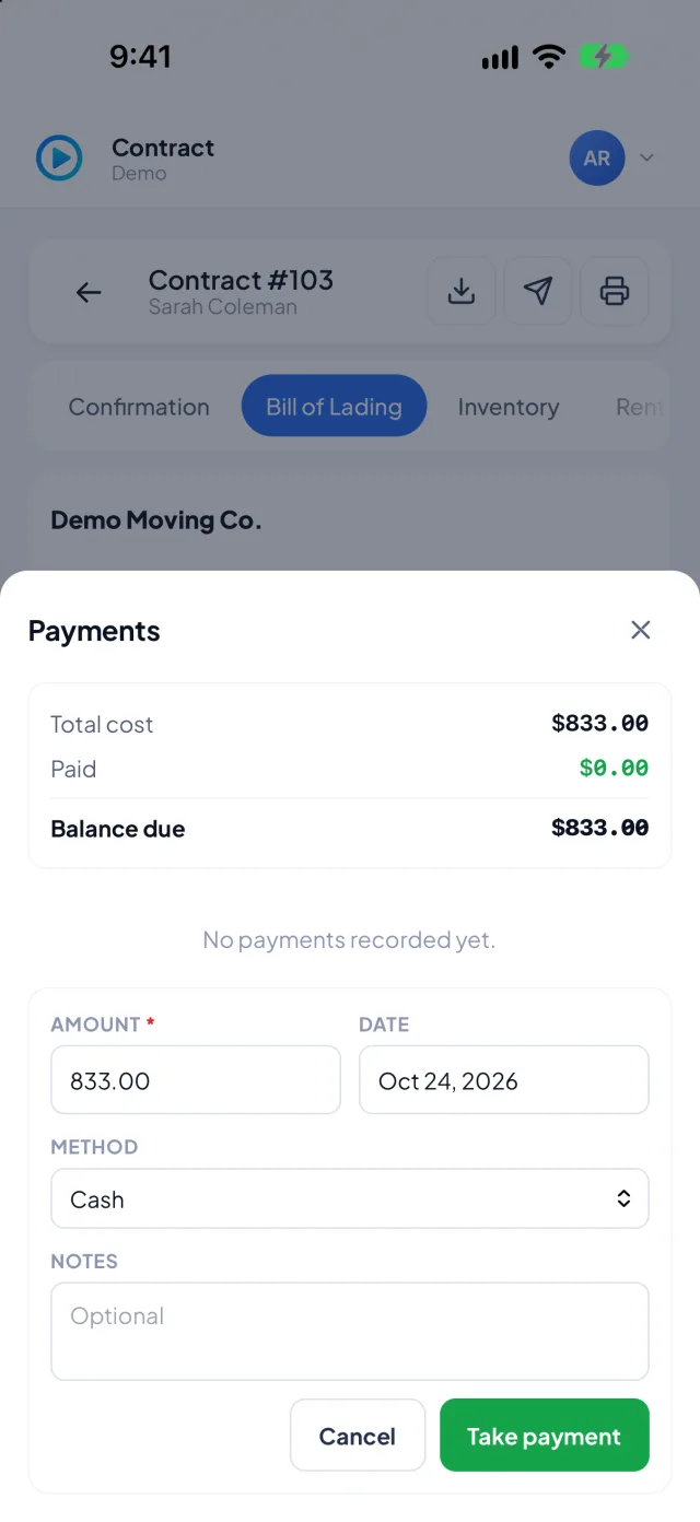 Virtual Estimate Foreman — Payment screen