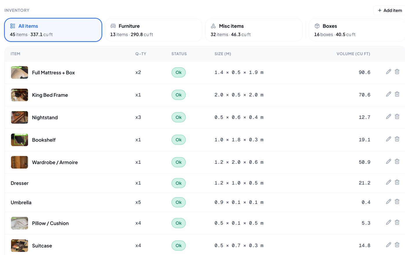 AI inventory table in the Virtual Estimate AI CRM: each item with quantity, size and volume, with totals by category