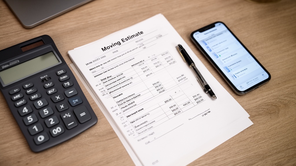 An overhead flat-lay of a moving estimate worksheet on a wooden desk: a printed cost breakdown form 