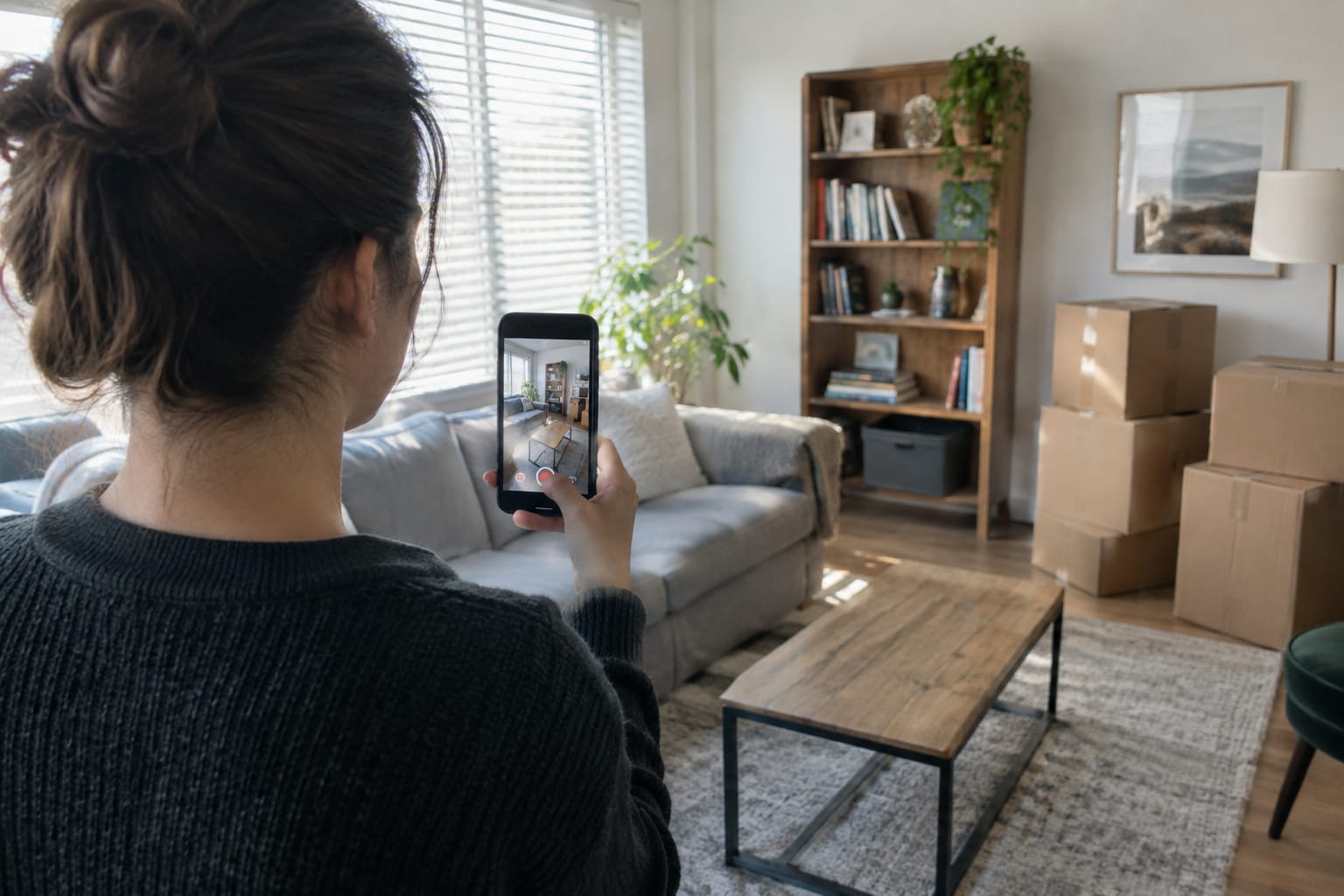 Woman filming her living room and moving boxes on a smartphone for a video walkthrough