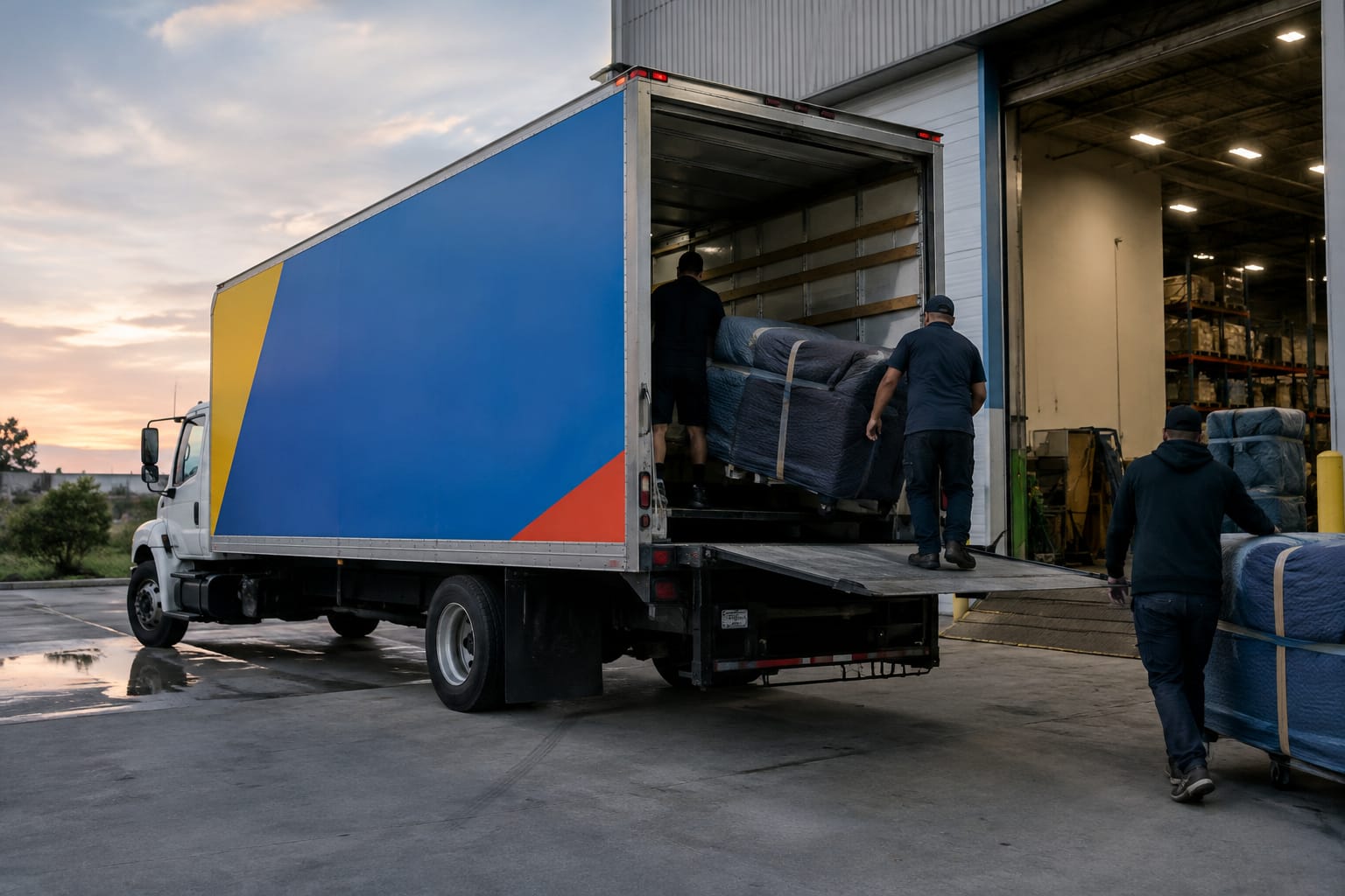 Technician applying vinyl lettering to a white box truck side panel as the owner watches in a sign shop