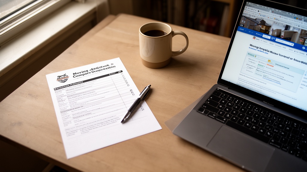Overhead kitchen-table shot inside a New York apartment: a printed moving company comparison checkli
