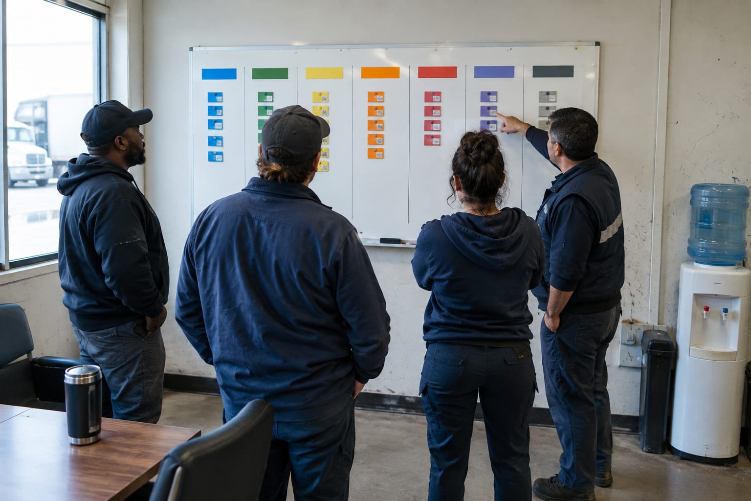Crew at a whiteboard with seven pipeline stages and magnetic job cards during a morning huddle