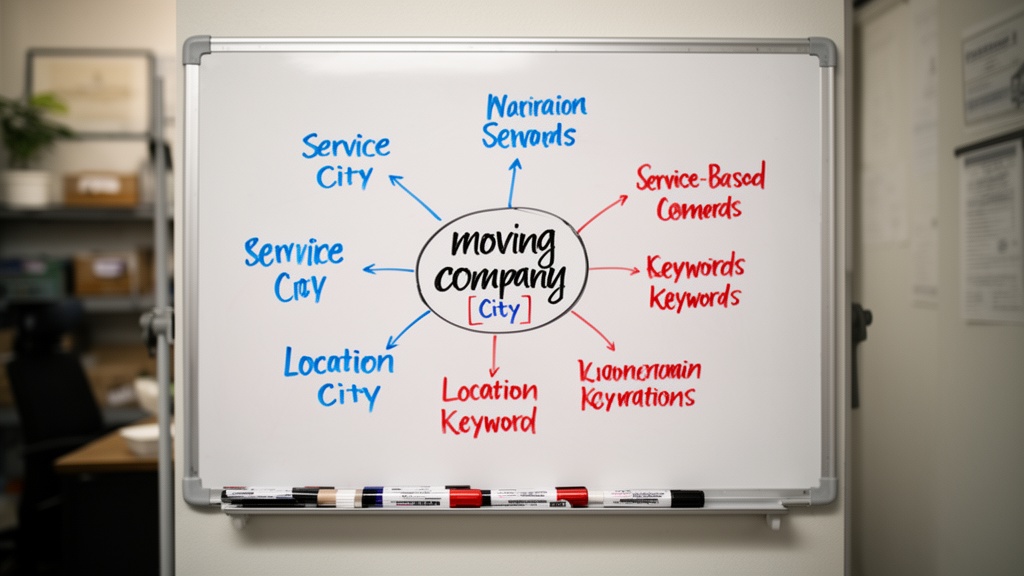 A whiteboard in a small moving company office with a hand-drawn keyword map — 'moving company [city]