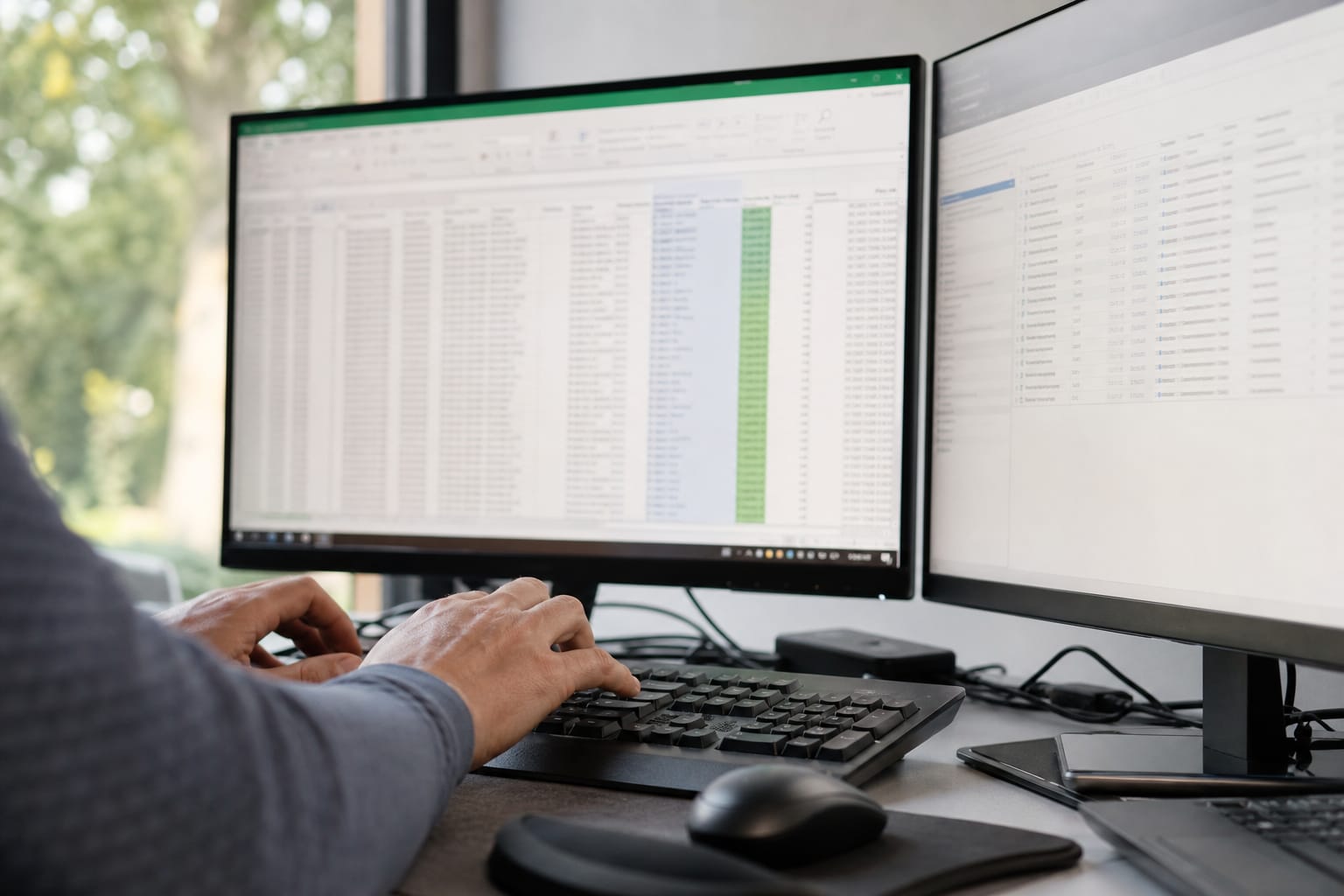 Hands at a keyboard exporting a customer records spreadsheet with a CRM job list on a second monitor.