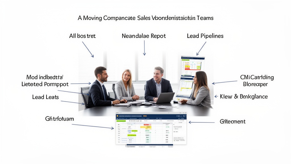A moving company sales manager seated at a conference table with three team members, holding a print