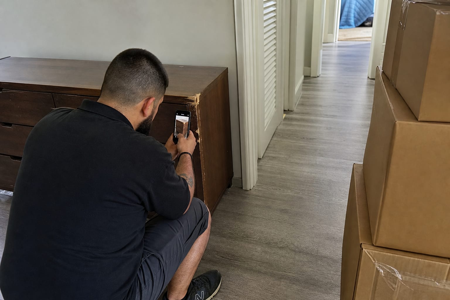 Mover photographing a scuffed dresser corner with a phone next to numbered boxes