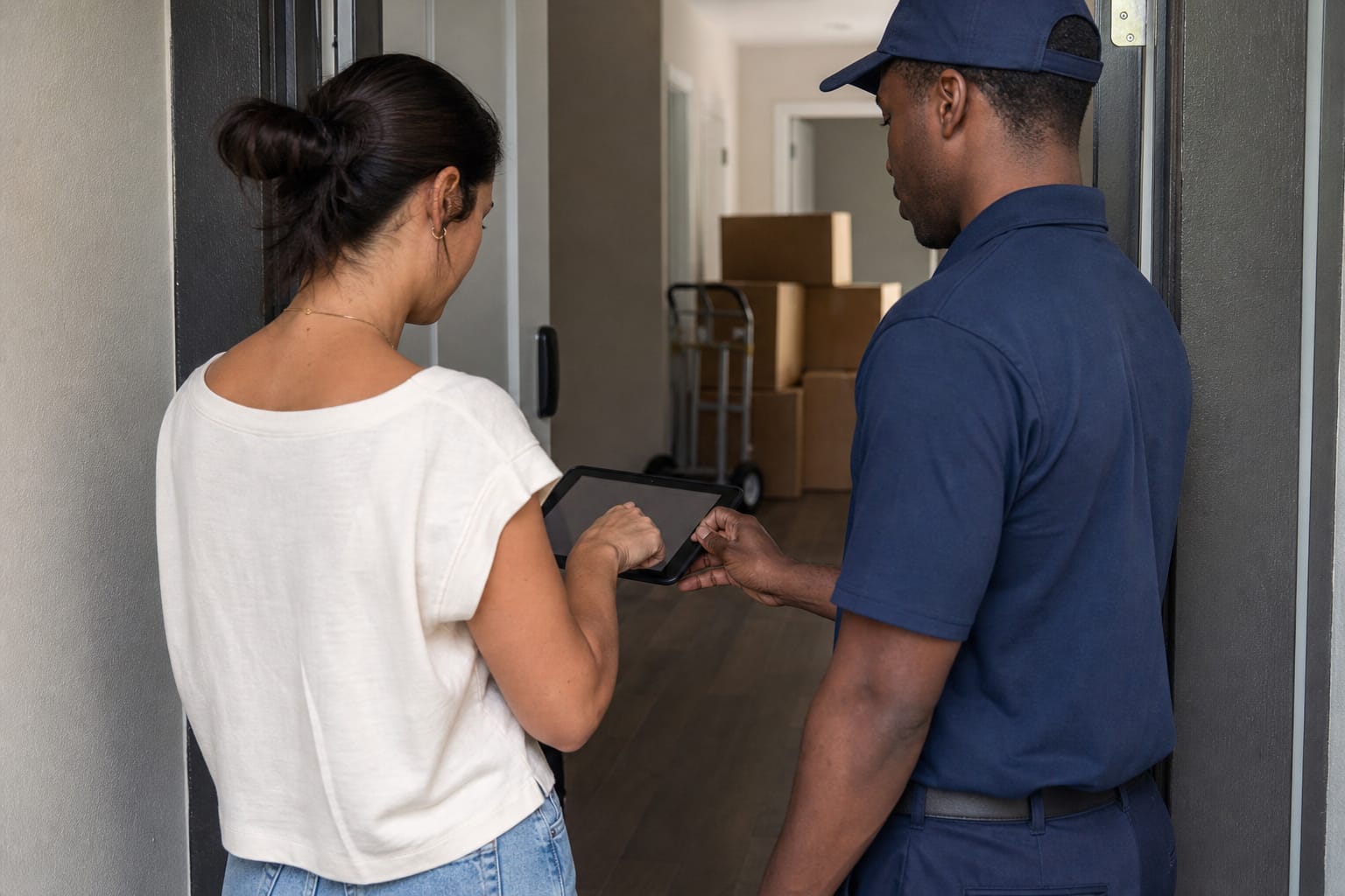 Customer signing a bill of lading with her fingertip on a tablet held by a mover in a doorway.