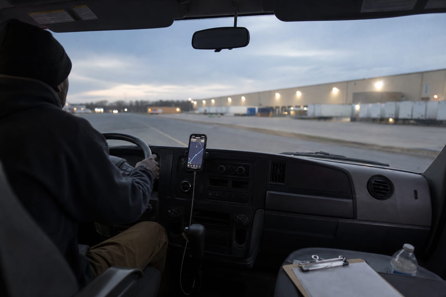 Dash-mounted phone showing a navigation route inside a moving truck cab at dusk.