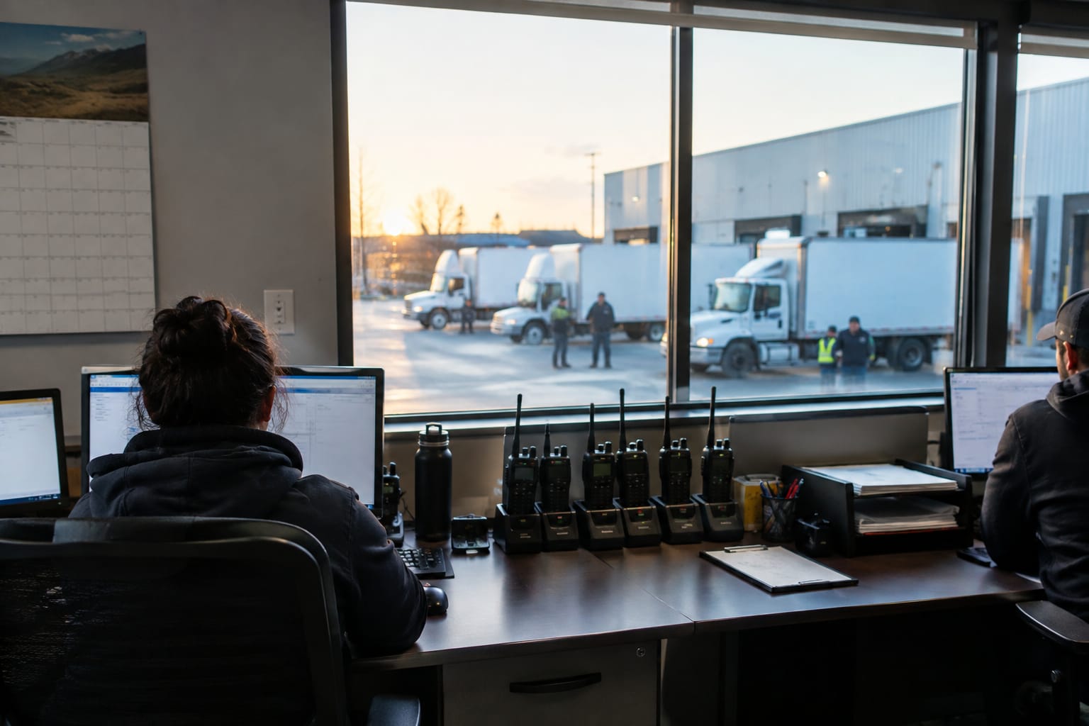 Dispatcher holding a tablet beside a magnetic truck assignment board and a taped checklist with ticked lines