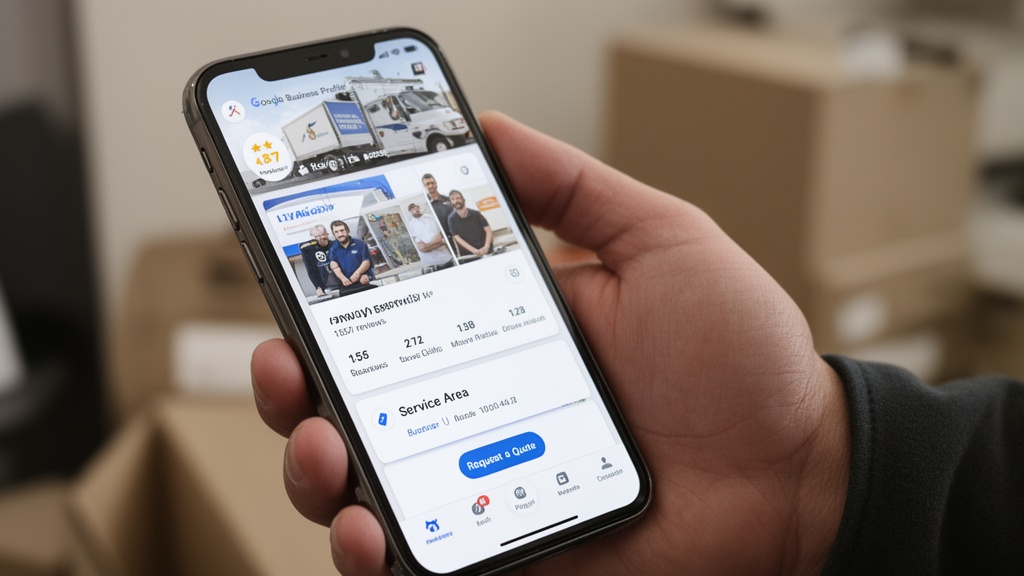 Close-up of a smartphone held in one hand showing a fully populated Google Business Profile for a mo