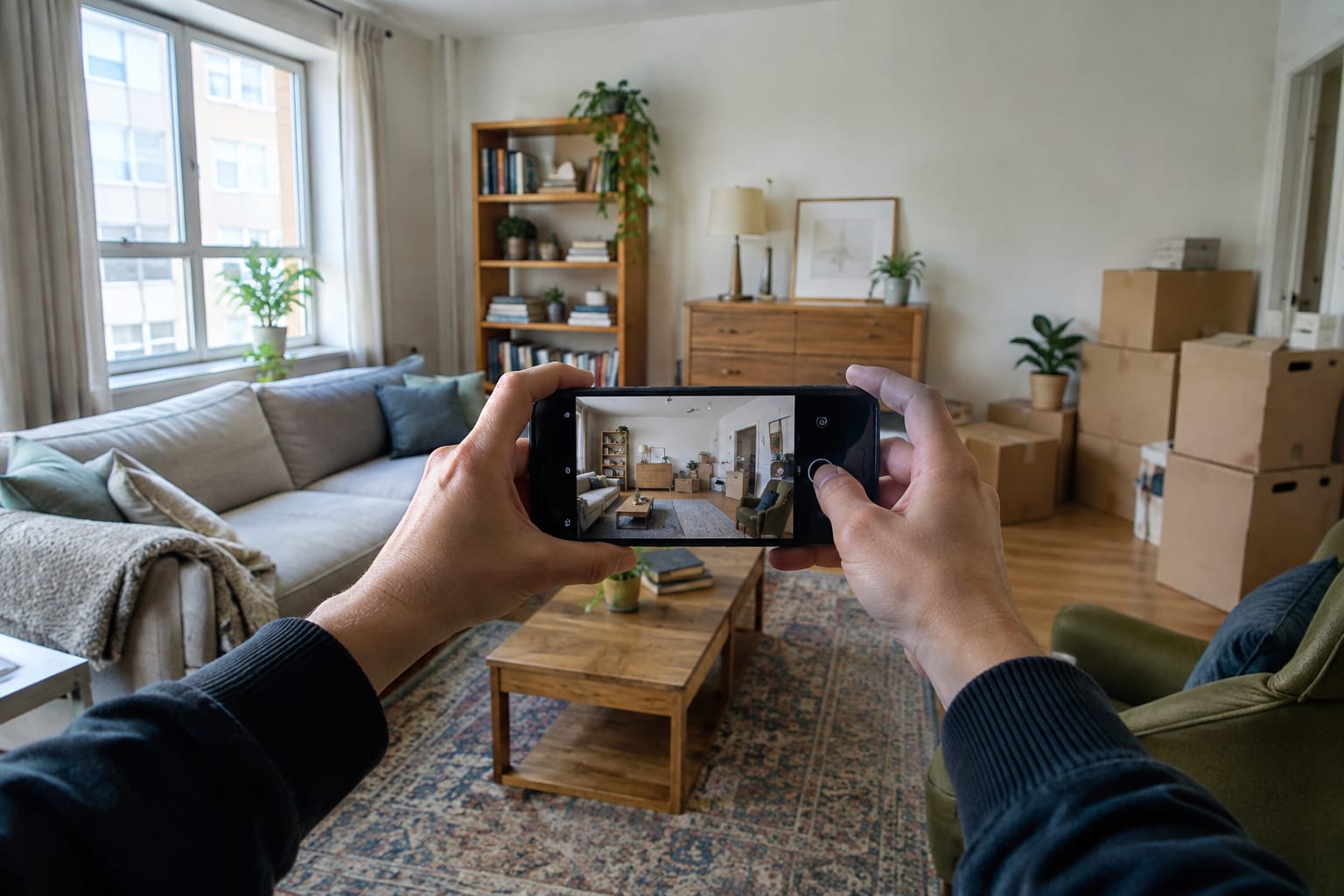 Person holding a phone sideways to film a living room with a sofa, bookshelf and TV stand