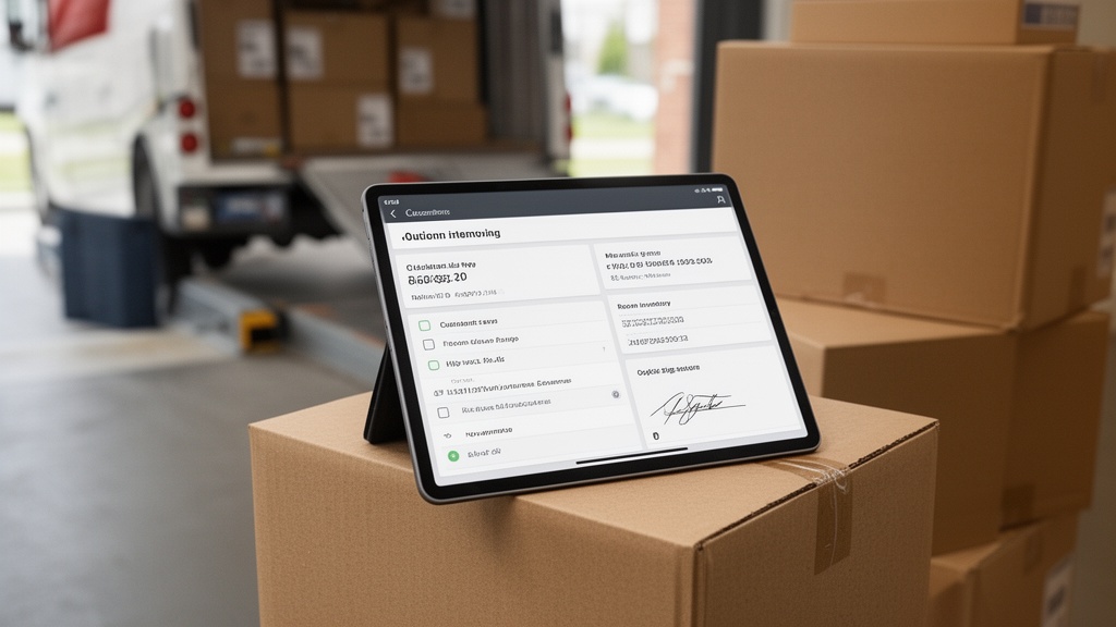 Close-up of a tablet propped on top of stacked moving boxes near a truck loading dock — the screen s