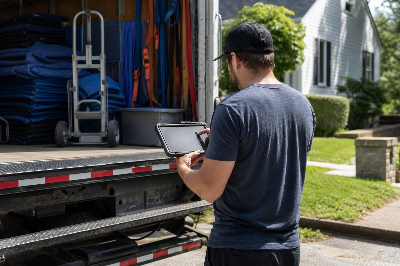 Crew lead tapping a job checklist on a rugged tablet at the tailgate of a loaded moving truck.