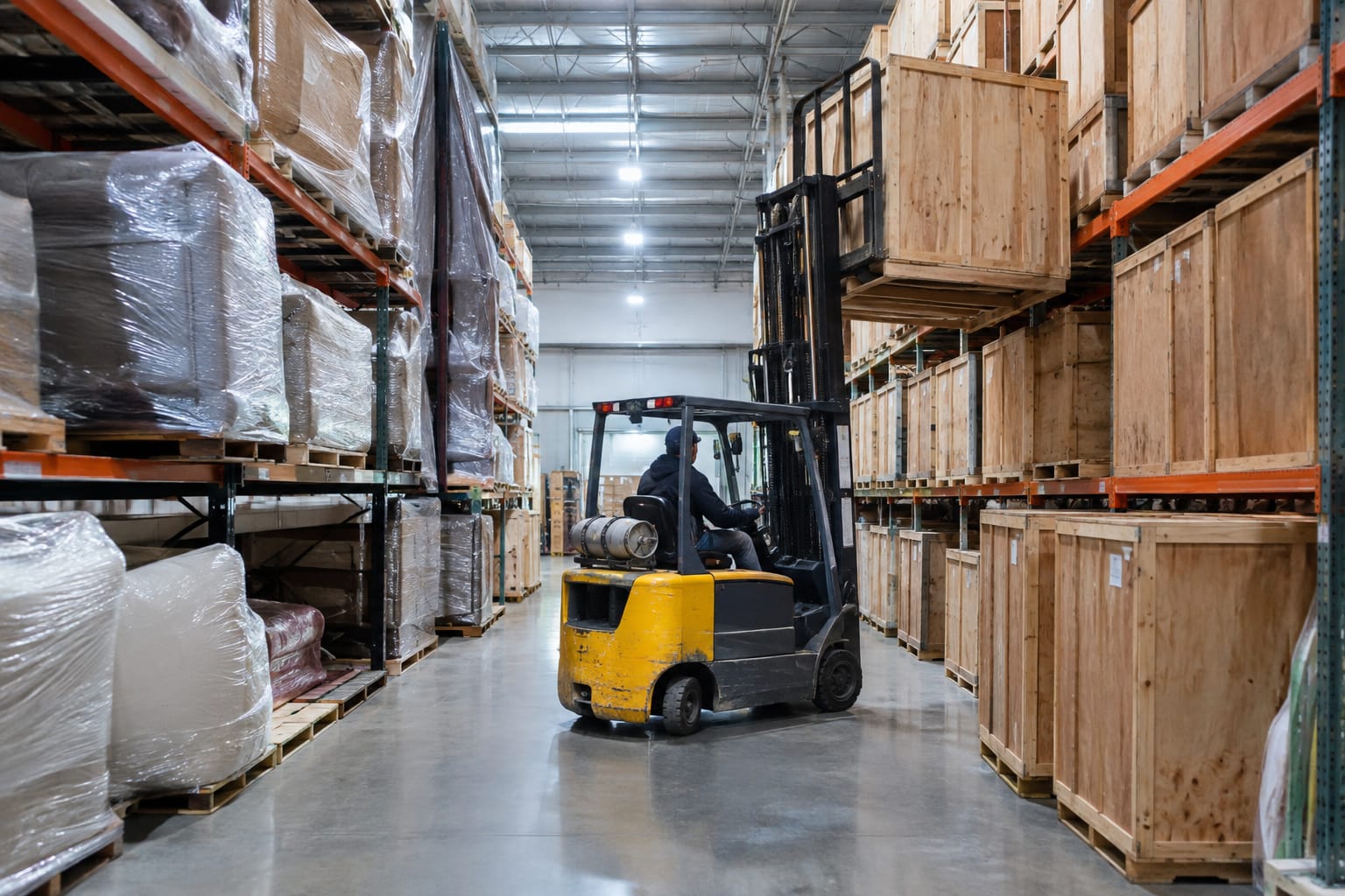 Warehouse manager scanning a label on a numbered wooden storage vault with a phone
