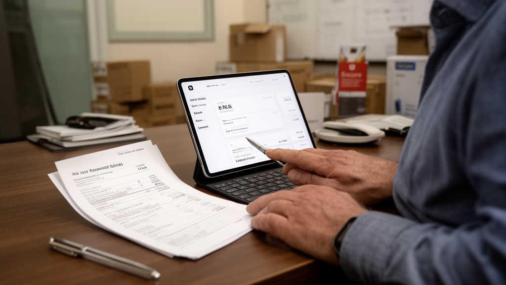 A moving company office manager sits at a desk with a tablet open to a Square transaction detail pag
