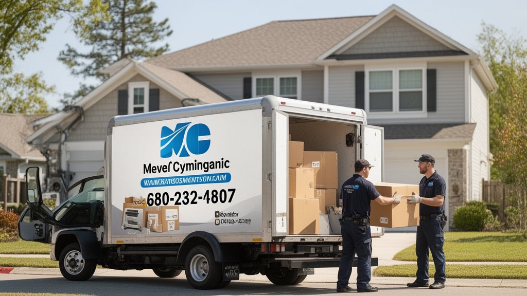 A professional moving company truck with a clean branded wrap showing company logo, phone number, an