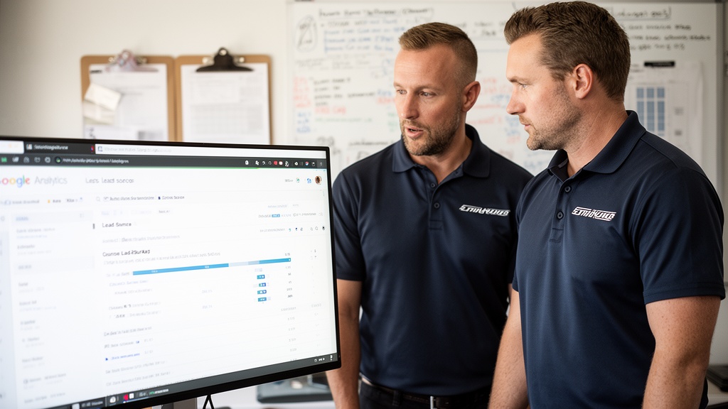 Two moving company co-owners in branded polo shirts standing side by side reviewing a large desktop