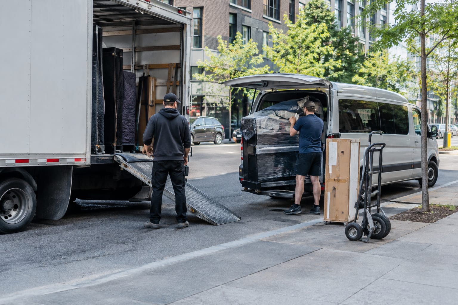 Large box truck on a narrow street with a shuttle van at the curb as movers transfer boxes between them