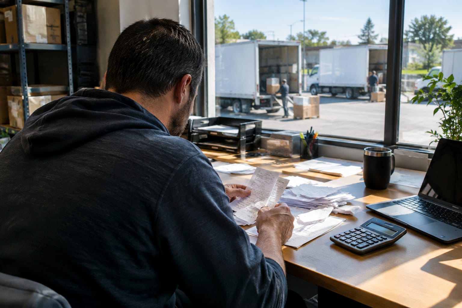 Moving company owner reviewing a printed profit and loss report at a desk, box trucks parked outside the window