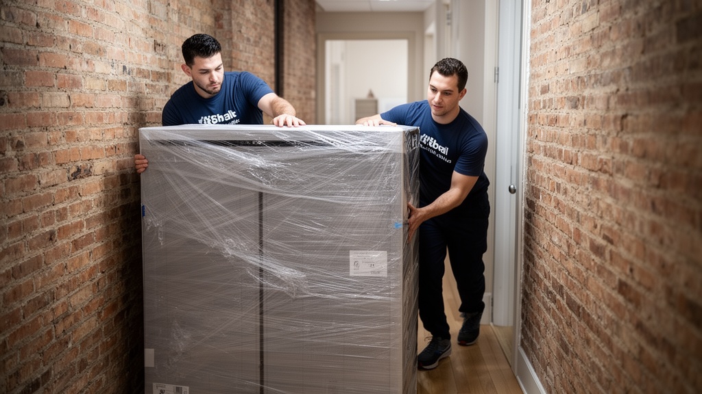 Two professional movers carefully navigating a large wrapped flat-screen TV through a narrow New Yor
