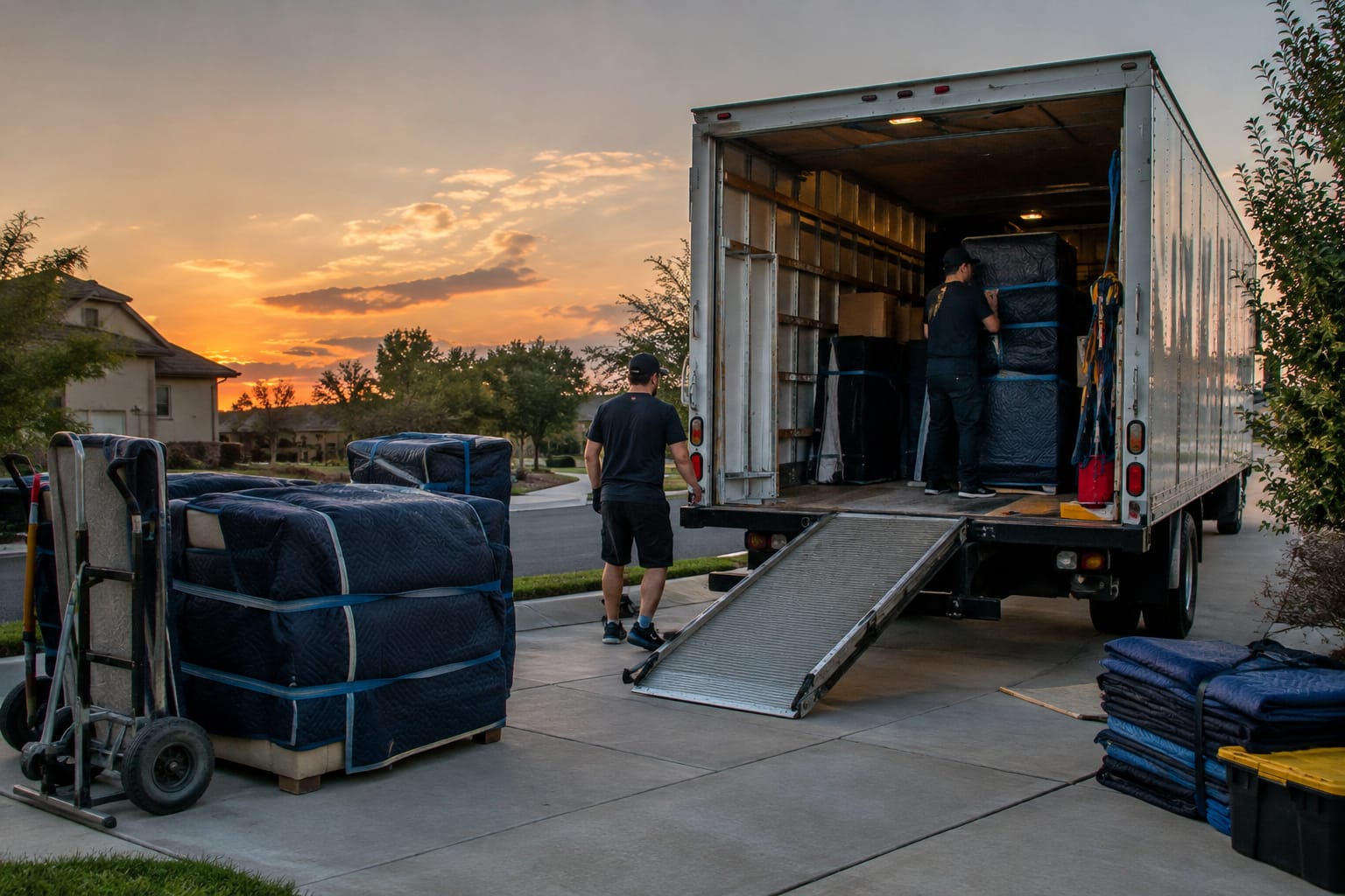 Foreman checking items on a phone while two movers load a wrapped sofa up a truck ramp
