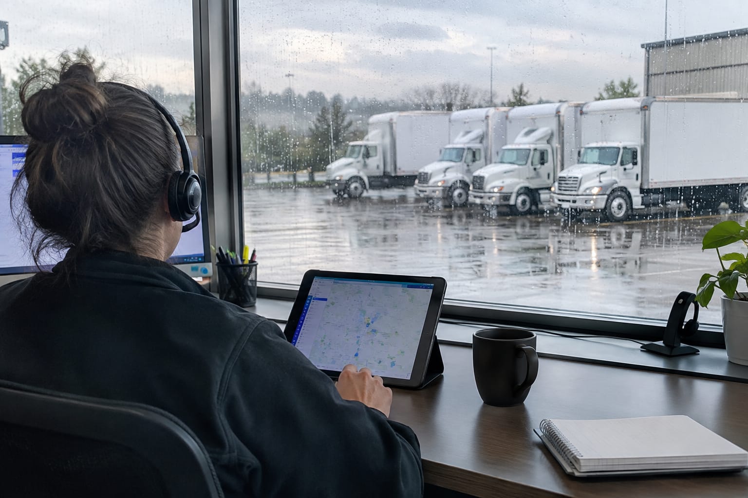 Moving company sales desk with a CRM pipeline board on a monitor and box trucks parked outside the window