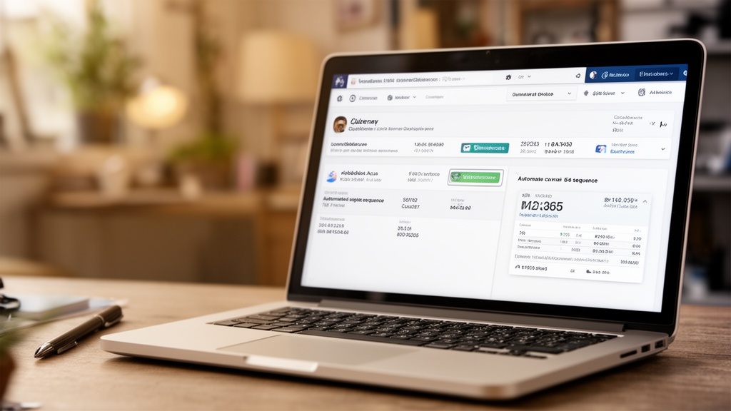 A close-up of a laptop showing a CRM interface with a customer record open — contact details, job hi