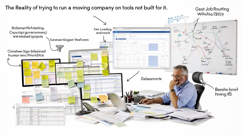 A frustrated moving company dispatcher in his 40s sits at a cluttered desk covered in printed spread