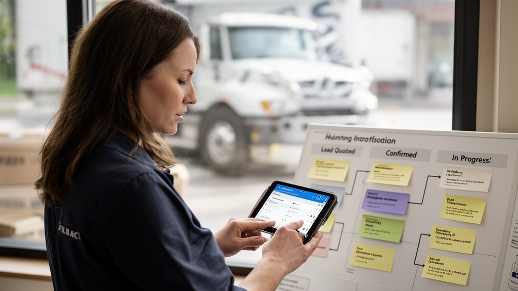 A moving company dispatcher — a woman in her early 30s — using a tablet to review a Kanban-style job