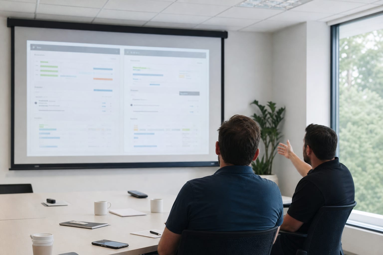 Two moving company owners comparing software options projected side by side at a conference table.