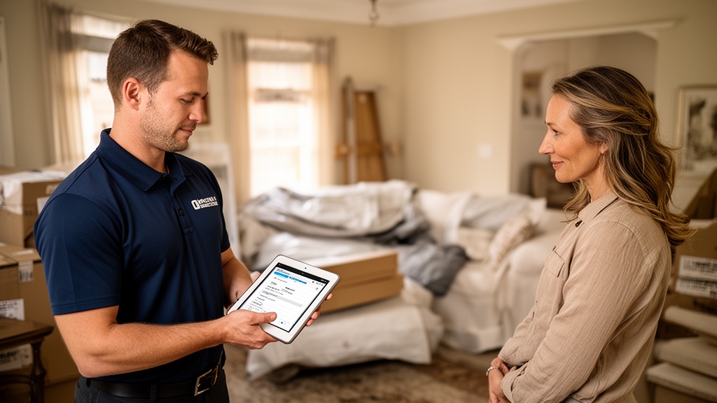 A uniformed mover in a company polo shirt standing in a customer's living room, holding an iPad runn