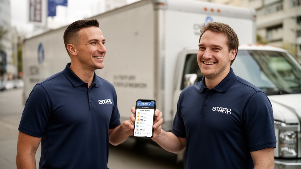 Two moving company employees in branded polo shirts standing beside a wrapped moving truck, one hold