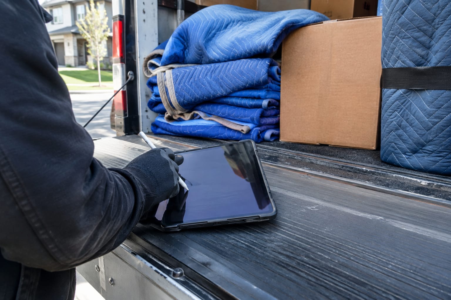Foreman holding a phone with a job checklist at a truck's rear door while a crew member straps a wrapped dresser