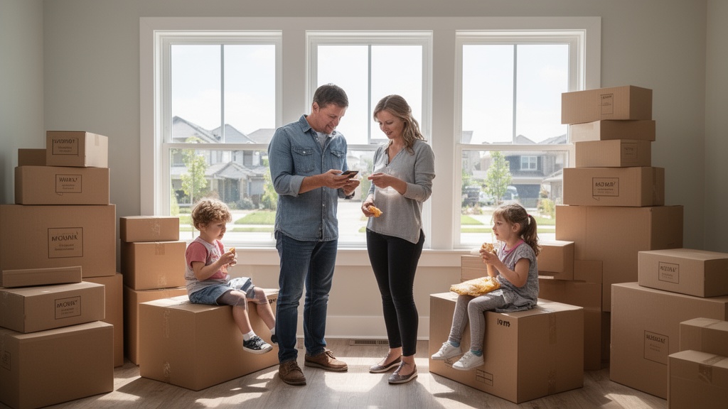A family of four stands in the empty living room of their house surrounded by labeled cardboard boxe