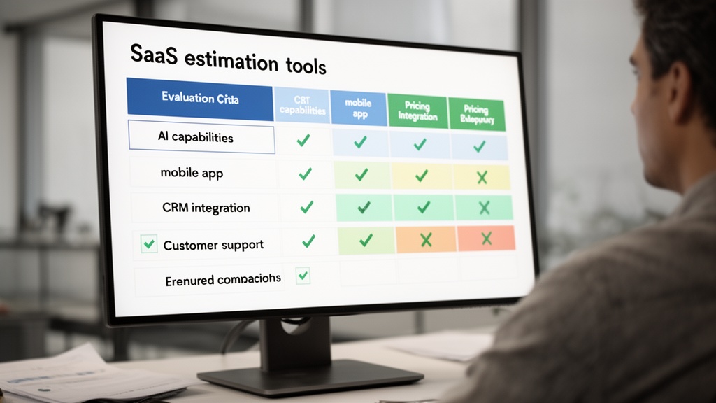 A large desktop monitor displaying a feature comparison grid with five SaaS estimation tools listed 