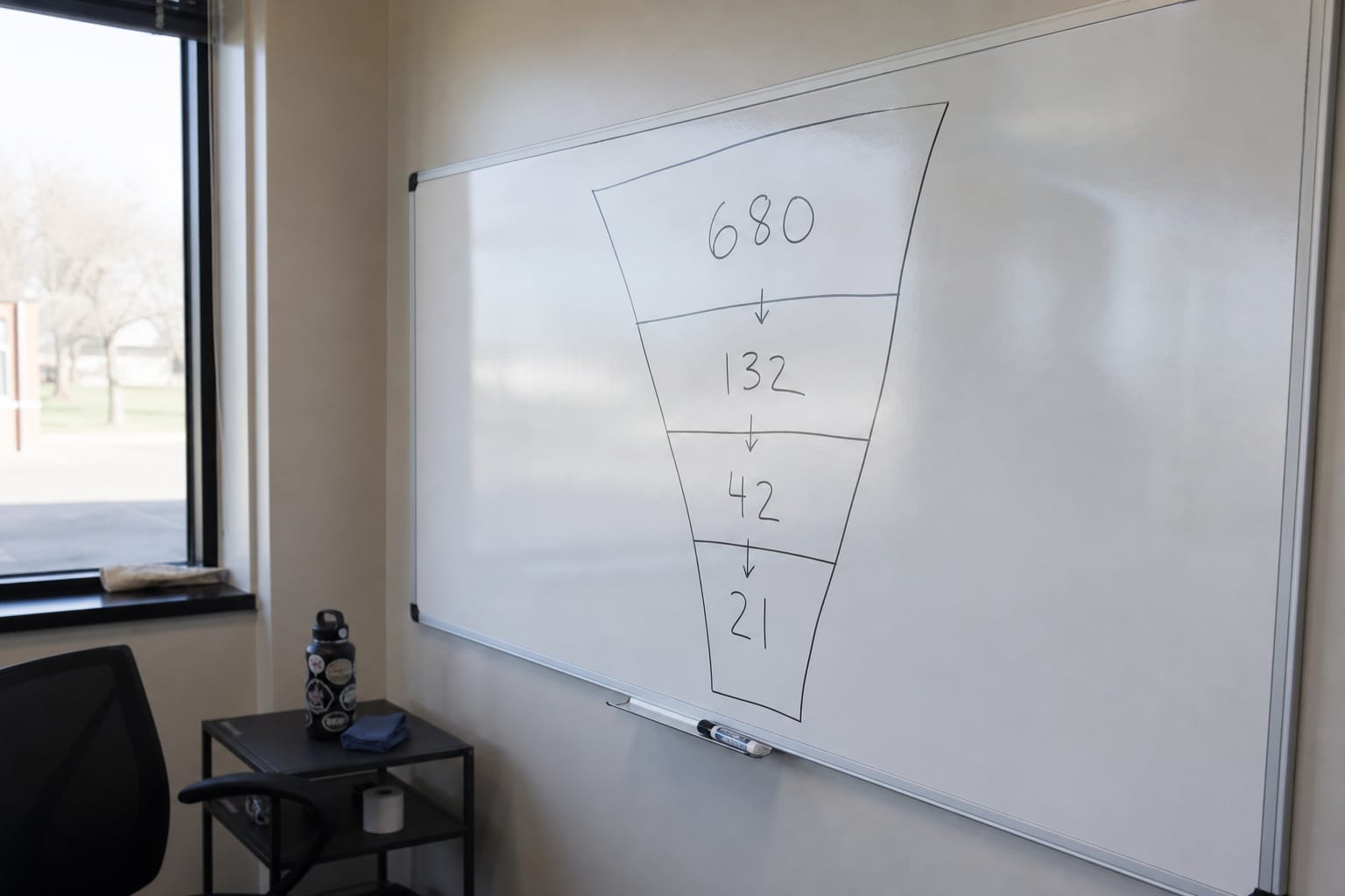 Whiteboard funnel showing clicks, calls, estimates, and booked jobs with numbers in each stage