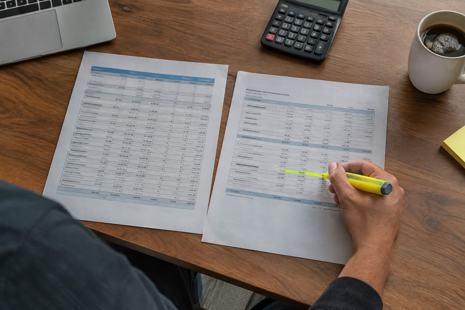 Payroll printout and job settlement sheet on a desk with a calculator highlighting a quoted-versus-final difference.
