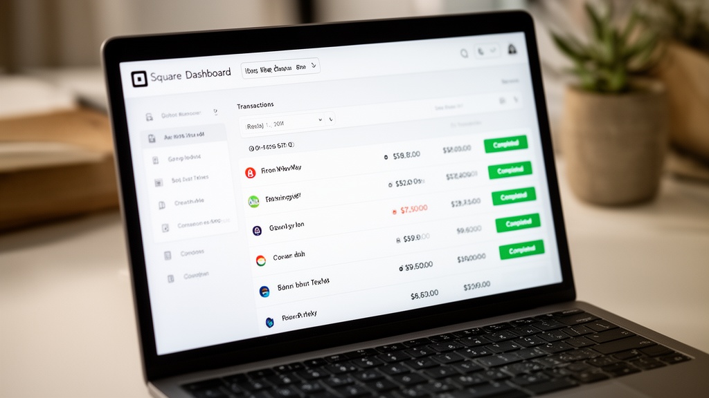 Close-up of a laptop screen showing the Square Dashboard transactions list with a custom date range 