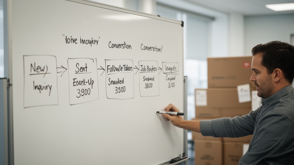 A CRM pipeline diagram drawn on a whiteboard in a moving company office showing stages: New Inquiry,