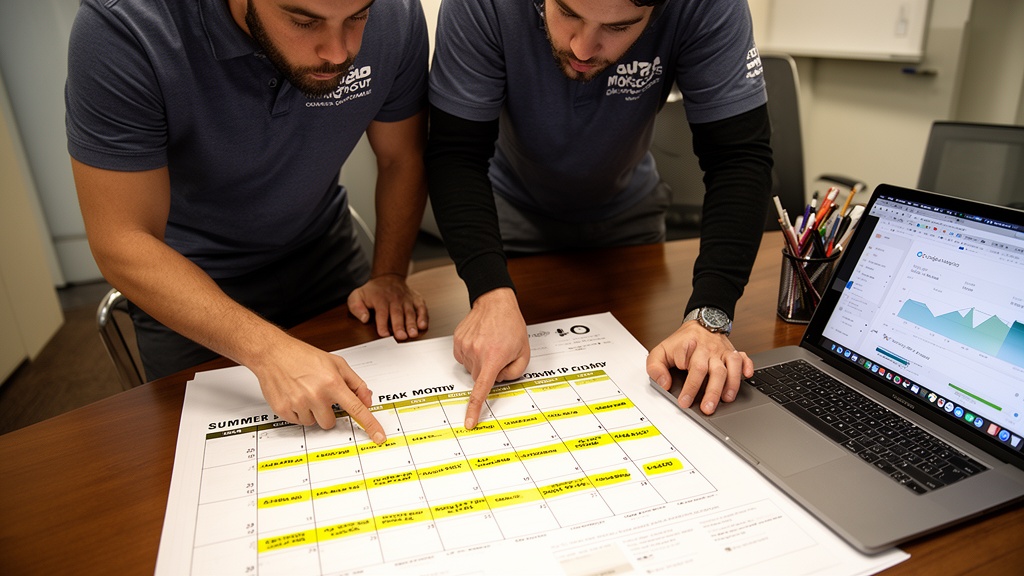 Two moving company employees in branded uniforms leaning over a printed seasonal marketing calendar 