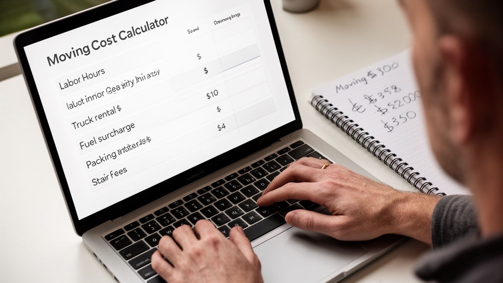 Overhead close-up of a laptop screen displaying an itemized moving cost calculator with clearly labe