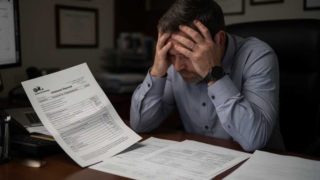 A moving company owner at a desk, head in hands, reviewing a printed customer dispute letter next to