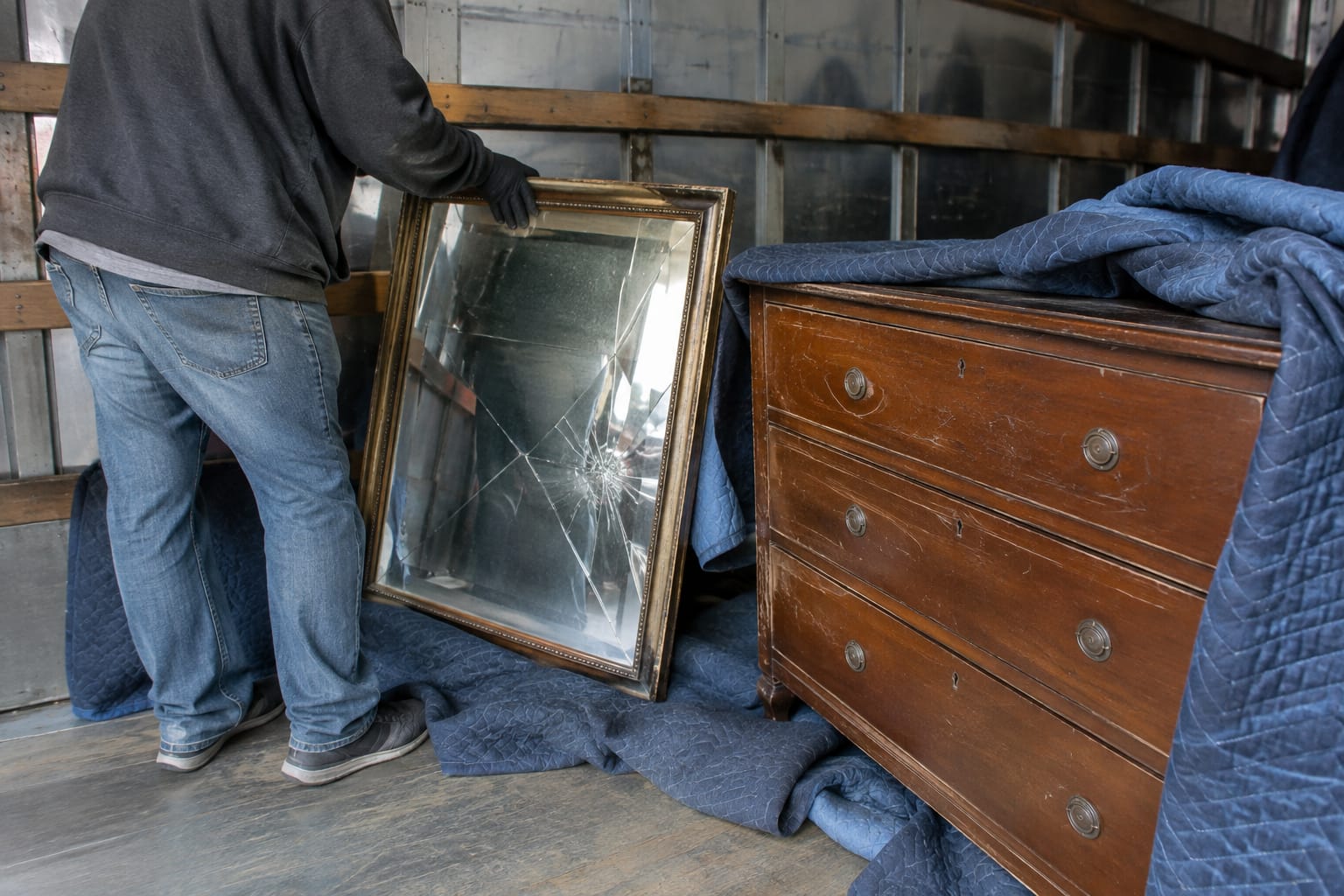 Crew lead photographing a damaged dresser drawer with a phone while a customer looks on in an empty bedroom