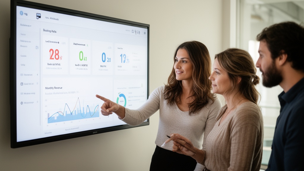 A small business team of three people — a woman pointing at a wall-mounted monitor displaying an AI 