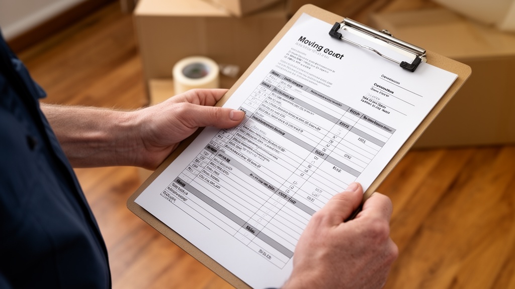 Close-up of a mover's hands reviewing a printed itemized moving quote on a clipboard, with a roll of