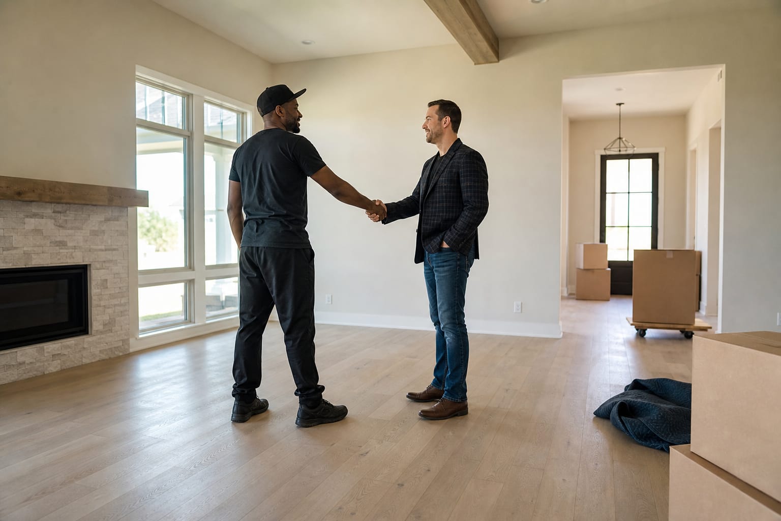 Mover shaking hands with a real estate agent in an empty living room with a Sold sign