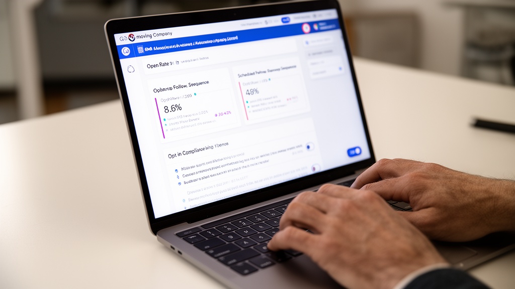 A person's hands on a laptop keyboard with the screen showing an SMS marketing automation dashboard 