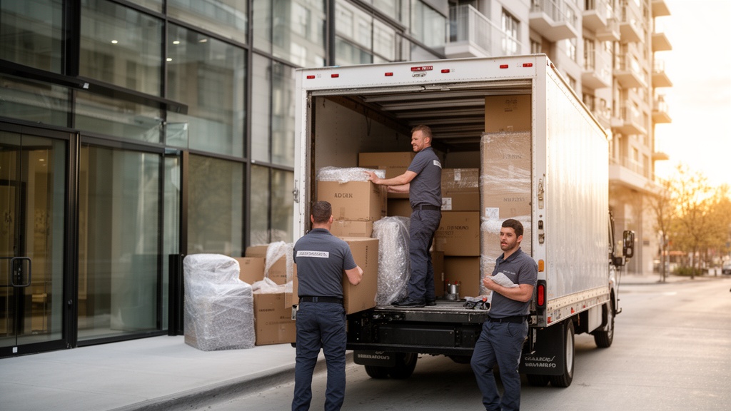 A full-size moving truck backed up to the glass entrance of a modern urban apartment building, three